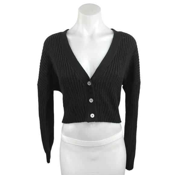 Nasty Gal Black V Neck Cropped Long Sleeve Button Down Cardigan Sweater Top Sz S - Picture 1 of 4